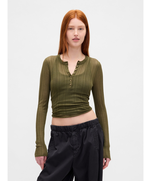 GAP tシャツ シアー リブ ヘンリーネックセーター レディース