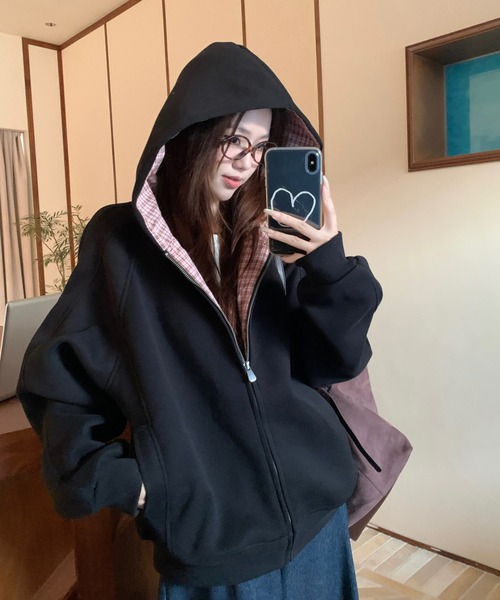 gossip!ロサンゼルス パーカー Y2K レトロチェック柄フード付きジップ