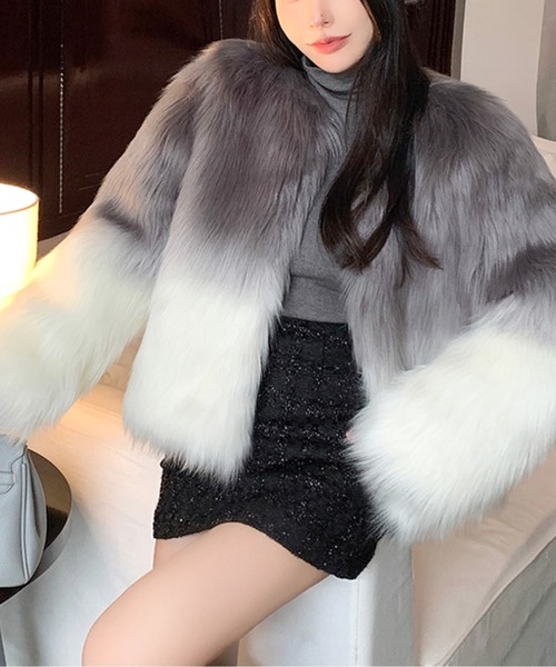 ジャケット ノーカラージャケット グラデーションエコファーオープン