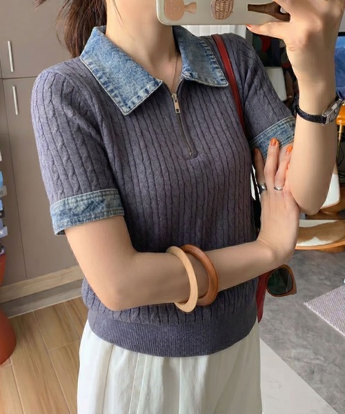 SpRay（スプレイ） ポロシャツ ポロ デニム切替ケーブルハーフジップ