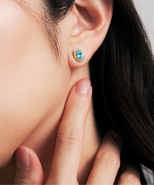 ピアス K18 ダイヤモンド ヘイロー/取り巻き カラーストーン ピアス（オーバル） レディース メンズの画像