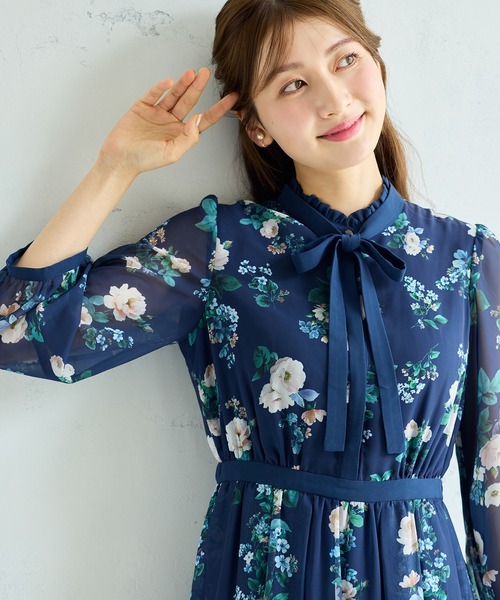 美品　ローズティアラ　ロングワンピース　チェック切替　リボン　紺　23年　46 Rose Tiara（ローズティアラ） ワンピース チェックonフラワーフリル