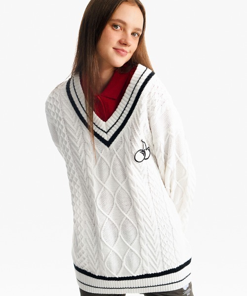 ニット セーター KIRSH MIDDLE CHERRY TWIST V-NECK KNIT/キルシーミドルチェリーツイストVネックニット レディース