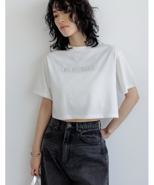 タグ付 ピッコーネ ロゴ キラキラ スパンコール 刺繡 Tシャツ 白 LL Re:EDIT tシャツ 「接触冷感」「UVカット」クロップド丈