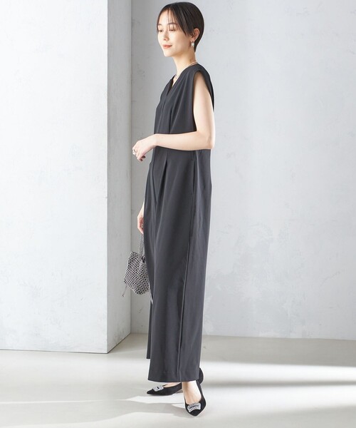 SHIPS ノースリーブ オールインワン ブラック Mサイズ ships little black オールインワン black:Vネック ワイド シルエット