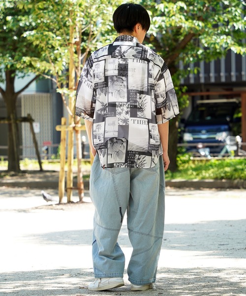 メンズ 半袖シャツ ゆったり オーバーサイズ ストリート T03106 シャツ 「unisex」オーガンジー 総柄シャツ / オーバーサイズ