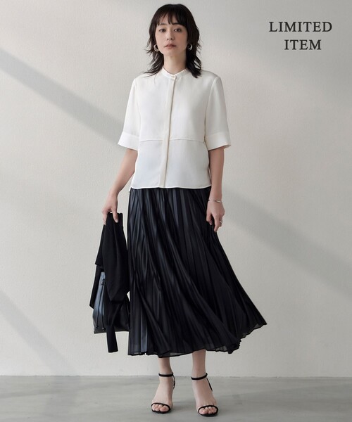 【ICB アイシービー】シルキーツイル クロップドシャツ/美品/光沢/ブラック ICB ブラウス シャツ 「WEB限定・洗える」 シルキーツイル