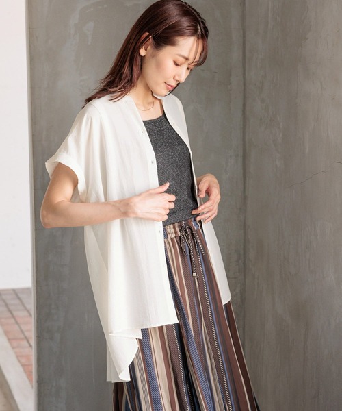 GLOBAL WORK ブラウス シャツ 防シワバックプリーツフレンチ