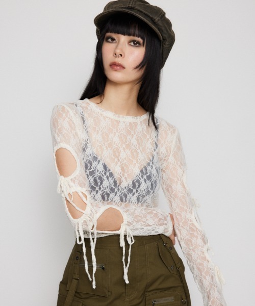 LAGUA GEM tシャツ FLOR LACE SLEEVE HOLE トップス レディース