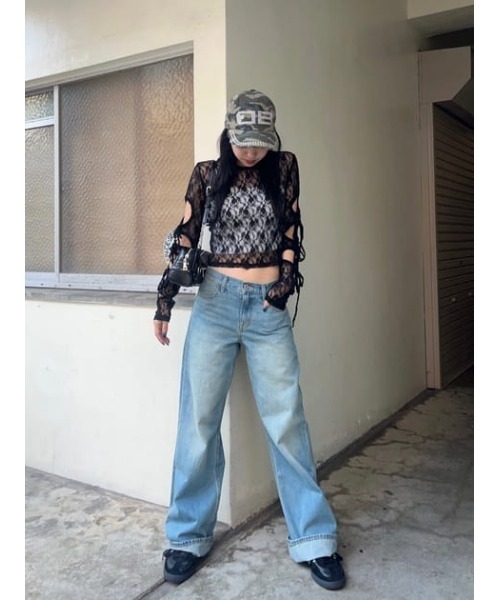 LAGUA GEM tシャツ FLOR LACE SLEEVE HOLE トップス レディース