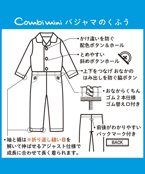 Combi mini パジャマ おなか安心ボタン付きやわらかネル起毛長袖前開き 確認用1/28 仲良しわんこのパジャマB細長パネル生地オーダーページ