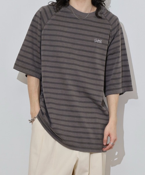 Sunny Smith tシャツ ボーダーオーバーダイ ラグランロゴ刺繍Tシャツ 