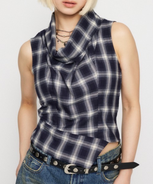 CHECK DRAPE NECK トップス レディース