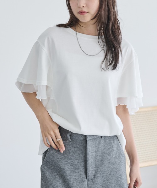 tシャツ 異素材フレアスリーブＴシャツ レディース