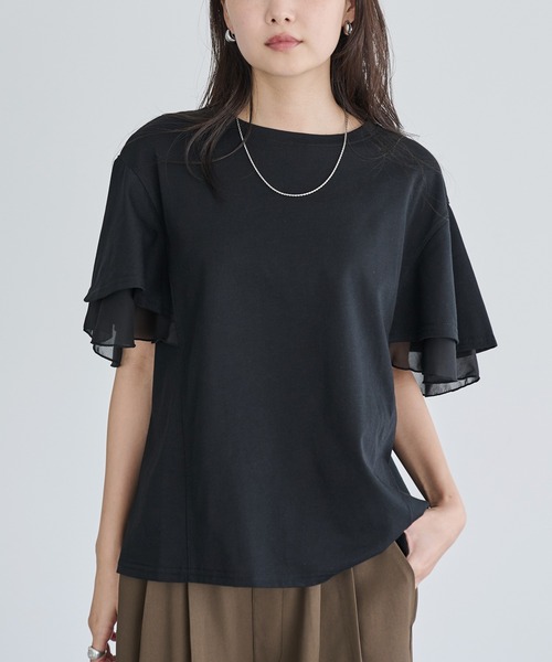 tシャツ 異素材フレアスリーブＴシャツ レディース