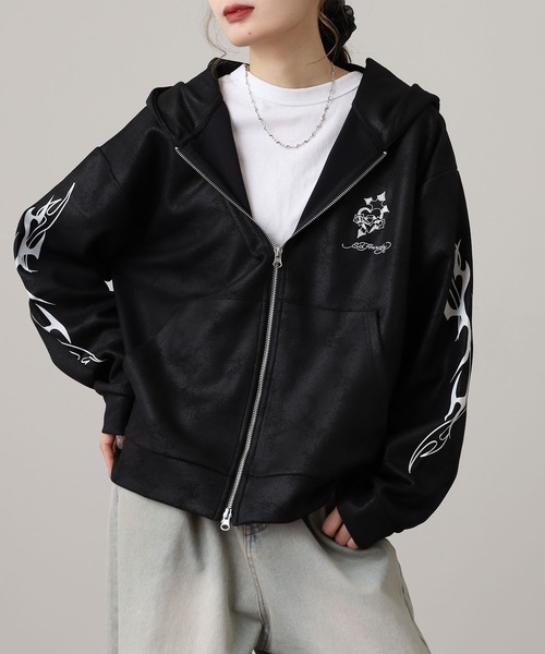Ed Hardy（エド・ハーディー） パーカー ED HARDY PU風スウェード