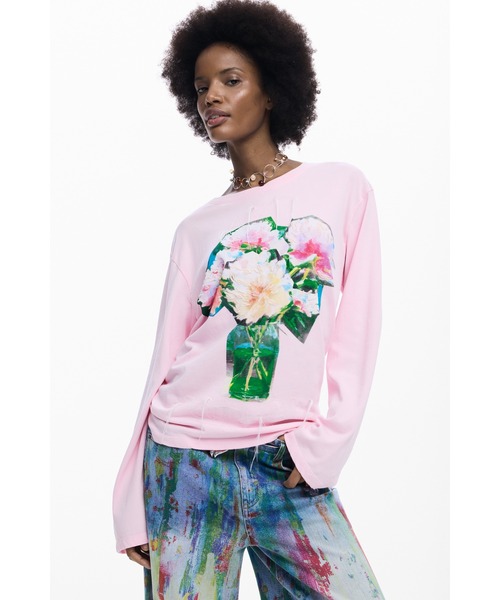 スペイン デシグアル レディース 花 マルチカラー Tシャツ S デシグアル Desigual マルチカラー 花柄Tシャツ （ブルー