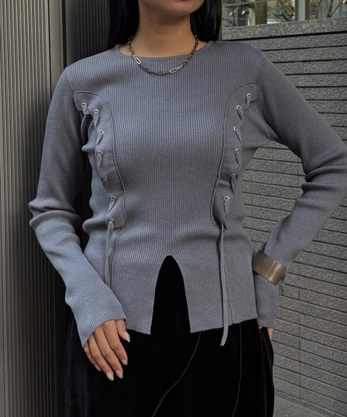 &g'aime★High neck rib knit・グレージュ★新品未使用 &g'aime（アンジェム） ニット セーター 」 レースアップリブニット