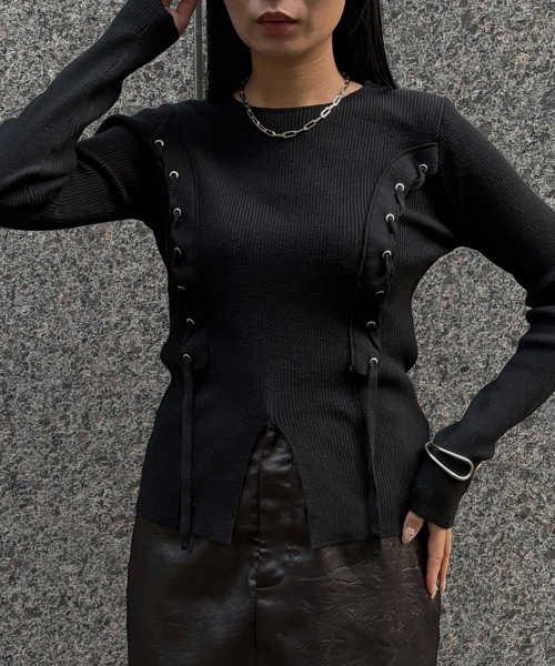 &amp;g'aime★High neck rib knit・グレージュ★新品未使用 &g'aime（アンジェム） ニット セーター 」 レースアップリブニット