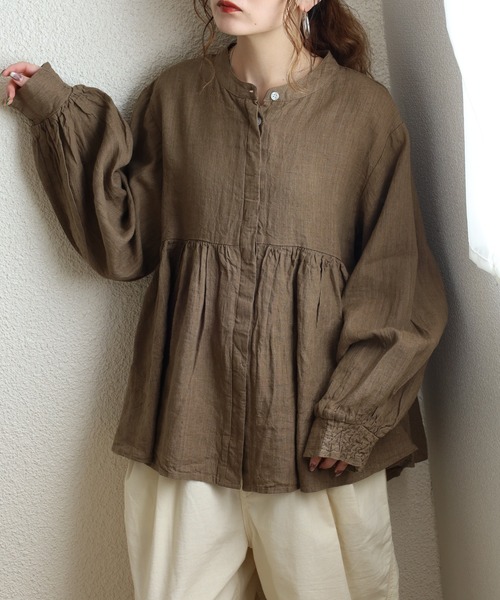 220 パラスパレス リネン100% 刺繍 シャツ ブラウス トップス ブラウン ubasoku（ウバソク） リネンシャツ ブラウス シャツ 夏 リネン先染め