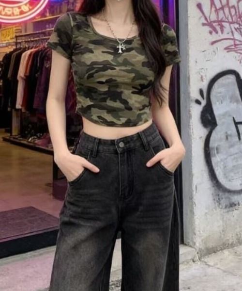 tシャツ 半袖 迷彩柄 クロップド丈 タイトTシャツ レディース