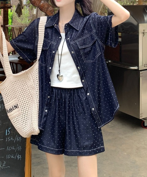 レディース服　半袖トップス まとめ売りボトムス 2ly2 セットアップ ドットデニムセットアップ 半袖シャツ×ショート