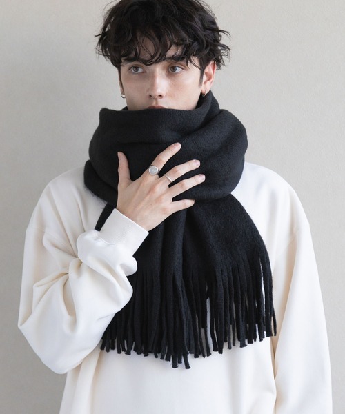 黒いウール混合マフラー フリンジ付き RAGEBLUE（レイジブルー） マフラー ラッセル編み/ボリュームフリンジ