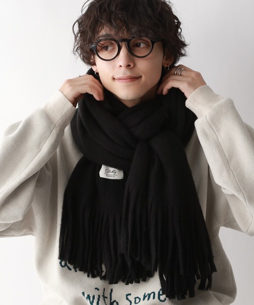 黒いウール混合マフラー フリンジ付き RAGEBLUE（レイジブルー） マフラー ラッセル編み/ボリュームフリンジ