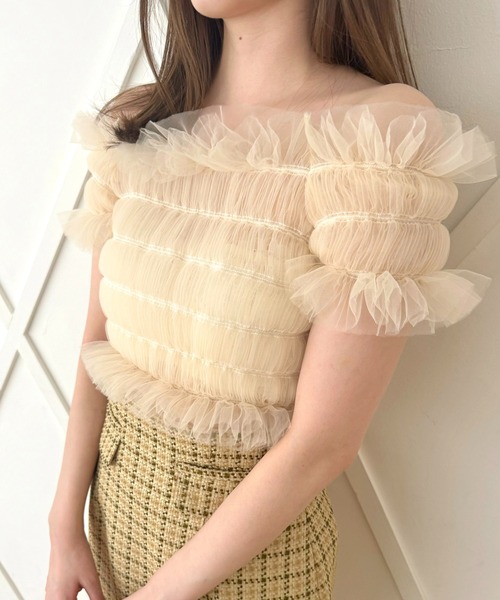 ブラウス シャツ ２ｗａｙシャーリングチュールブラウス レディース me&me couture ブラウス シャツ 2wayシャーリングチュール