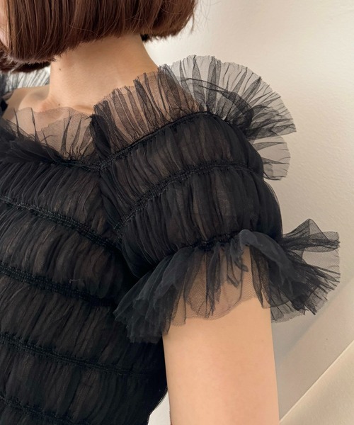ブラウス シャツ ２ｗａｙシャーリングチュールブラウス レディース me&me couture ブラウス シャツ 2wayシャーリングチュール