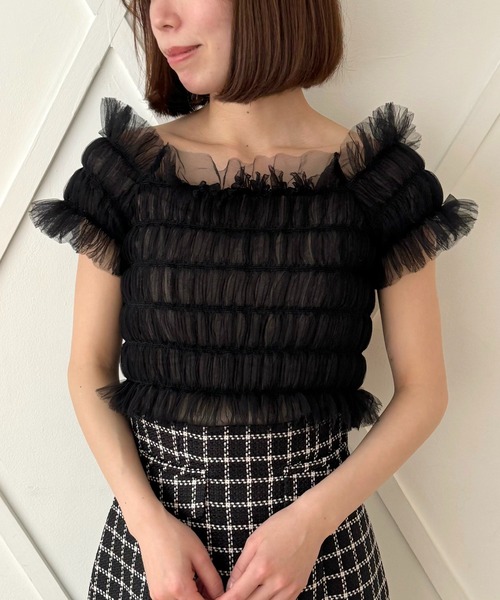 ブラウス シャツ ２ｗａｙシャーリングチュールブラウス レディース me&me couture ブラウス シャツ 2wayシャーリングチュール