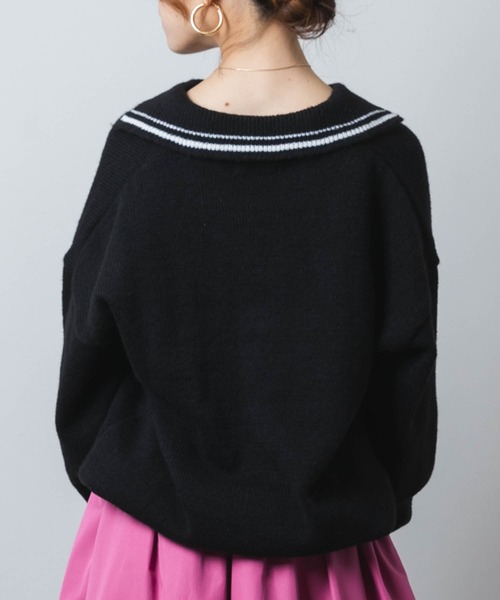 ニット セーター ラインポロカラーロングスリーブニット レディース