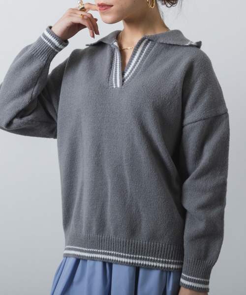 ニット セーター ラインポロカラーロングスリーブニット レディース