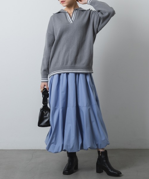 ニット セーター ラインポロカラーロングスリーブニット レディース