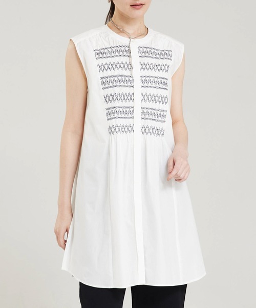 タンクトップ ノースリーブ スモッキングチュニックシャツ/夏服/オフィスカジュアル/ノースリーブトップス レディース