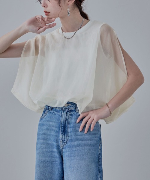 tシャツ 「2025SS」オーガンジーレイヤードプルオーバー「洗える」 レディース osharewalker Tシャツ レディース トップス 半袖 クルーネック
