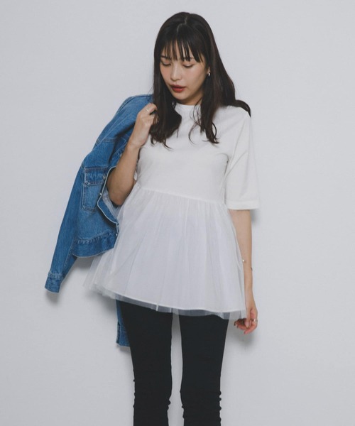 【新品タグ付き】F by ROSSO ペプラムチュールカットソー　オフホワイト 新品タグ付き】 F by ROSSO ペプラムチュールカットソー オフ