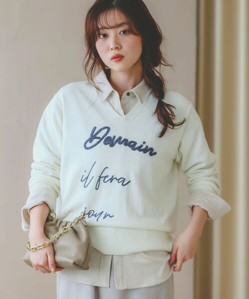 le.coeur blanc（ルクールブラン） ニット セーター フレーズロゴ刺繍V 