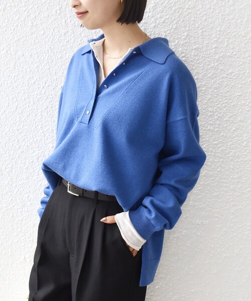 さくら　ships サイド スリットゴールド ポロニット WEB限定】〈手洗い可能〉サイド スリット ゴールド 釦 ポロ ニット