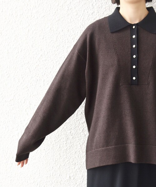 さくら　ships サイド スリットゴールド ポロニット WEB限定】〈手洗い可能〉サイド スリット ゴールド 釦 ポロ ニット