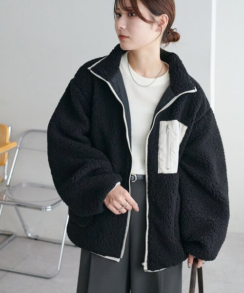 シンプルブラックオーバーサイズアウター❤️秋冬デートや女子会に最適 Discoat（ディスコート） ブルゾン アウター 「WEB限定」配色オーバー