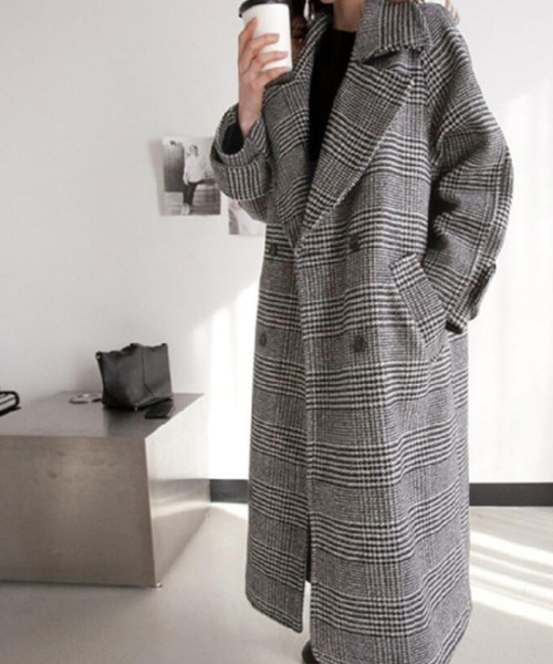 チェック柄 ダブルブレスト ロングコート Lサイズ コート アウター チェック柄デザイン 大きなラペルとダブルブレストが