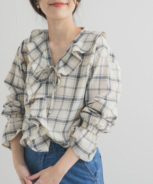 【新品】ANAYI グレンチェック フリルブラウス natural couture（ナチュラルクチュール）の「グレンチェック スタンド