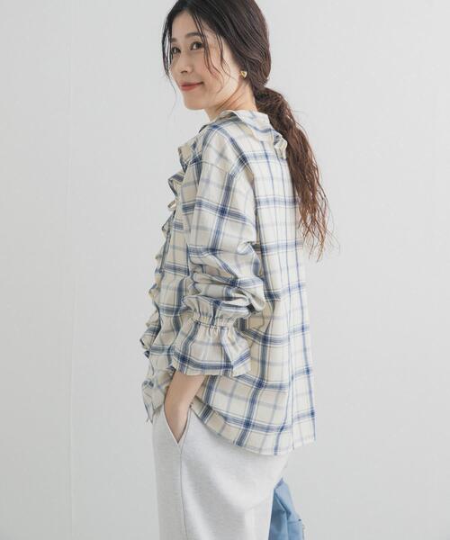 【新品】ANAYI グレンチェック フリルブラウス natural couture（ナチュラルクチュール）の「グレンチェック スタンド