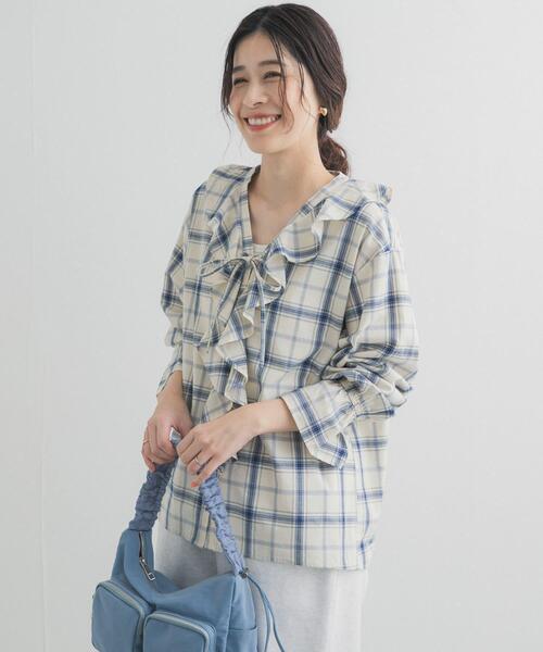 チェックフリルブラウス（青と白） URBAN RESEARCH DOORS（アーバンリサーチドアーズ） ブラウス シャツ