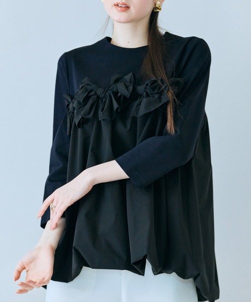 tシャツ リボンモチーフ付き異素材カットソー レディースの画像