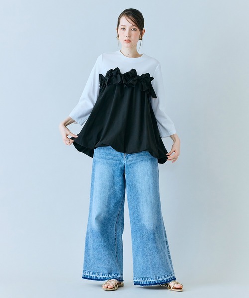 tシャツ リボンモチーフ付き異素材カットソー レディースの画像