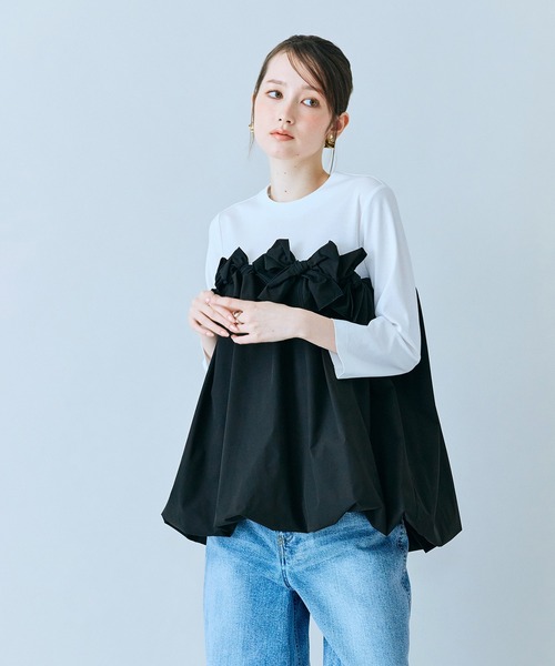 tシャツ リボンモチーフ付き異素材カットソー レディースの画像