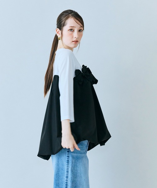 tシャツ リボンモチーフ付き異素材カットソー レディースの画像