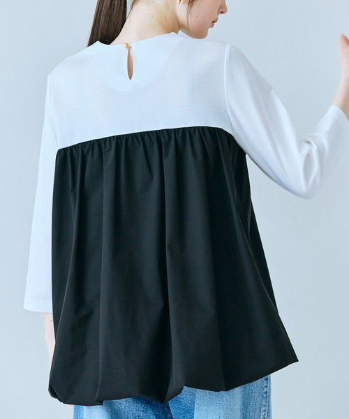 tシャツ リボンモチーフ付き異素材カットソー レディースの画像